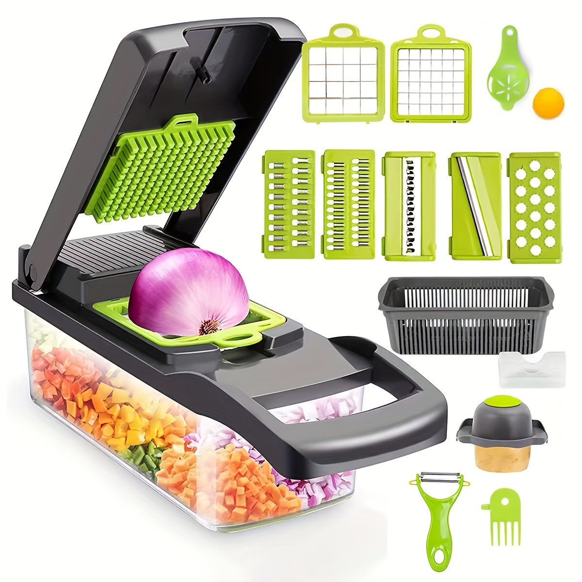 16-In-1 Vegetable Dicer & Chopper with Container | Multifunctional Manual Vegetable Slicer Cutter with Drain Basket
