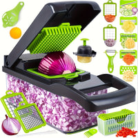 16-In-1 Vegetable Dicer & Chopper with Container | Multifunctional Manual Vegetable Slicer Cutter with Drain Basket